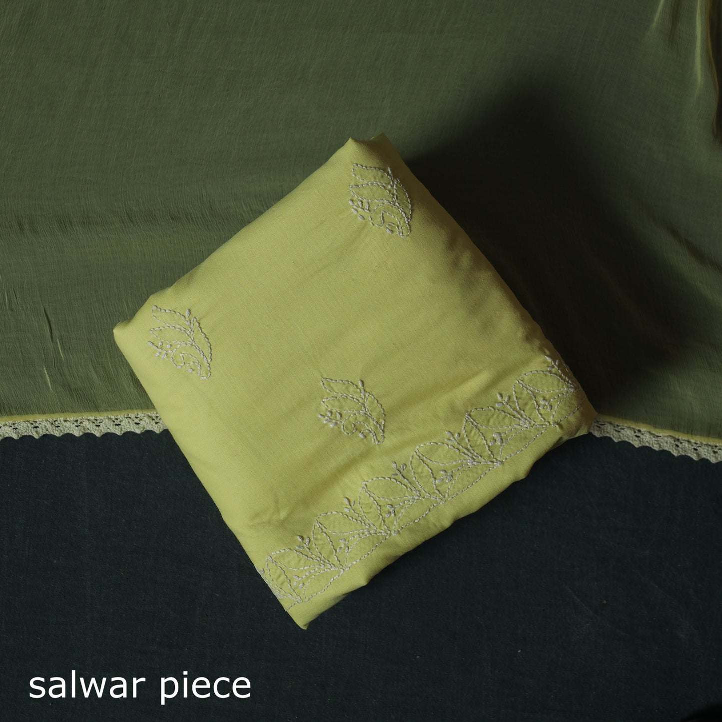 Yellow - Lucknowi Chikankari Hand Embroidered Cotton 3pc Unstitched Dress Material Suit Set 37