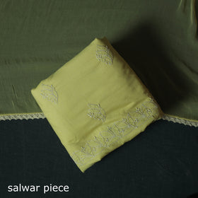 Yellow - Lucknowi Chikankari Hand Embroidered Cotton 3pc Unstitched Dress Material Suit Set 37