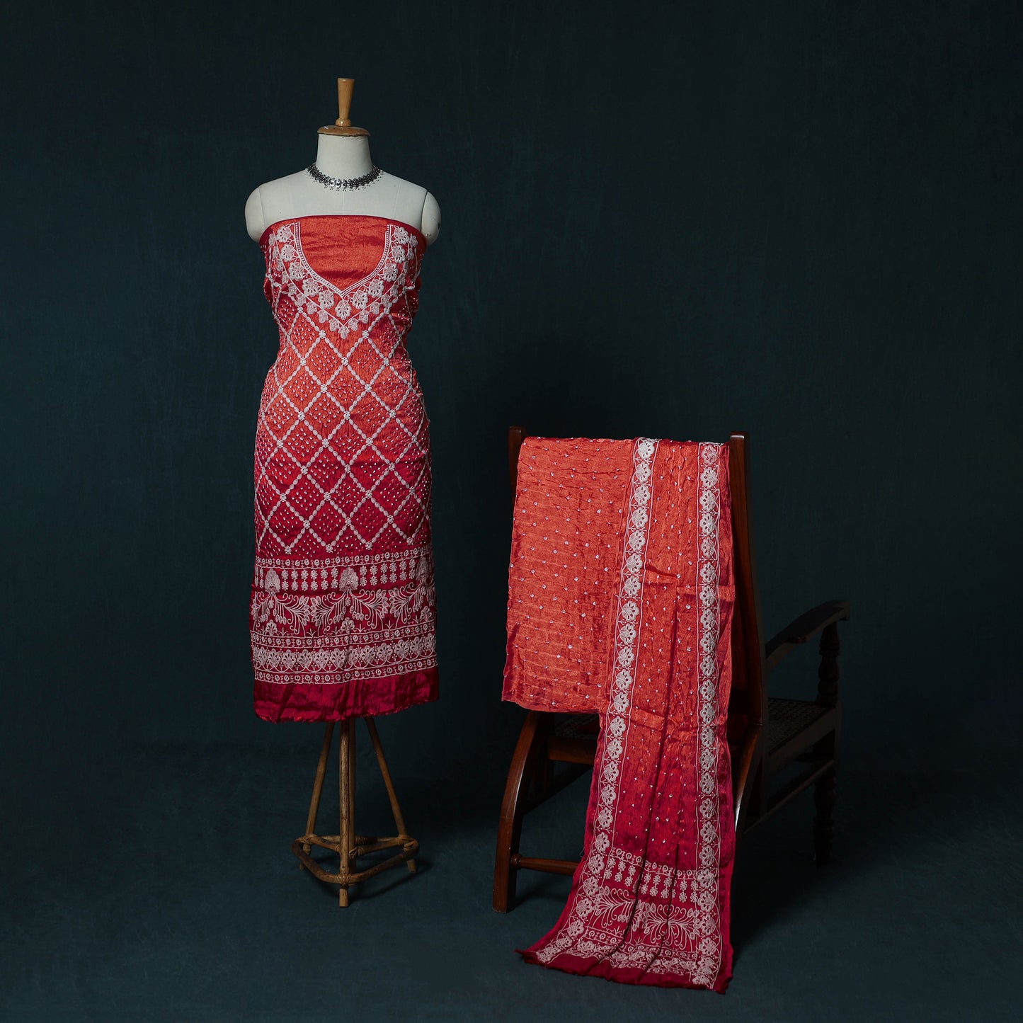 Kutch Bandhani Tie-Dye Modal Silk Embroidered 3pc Unstitched Dress Material Suit Set 28