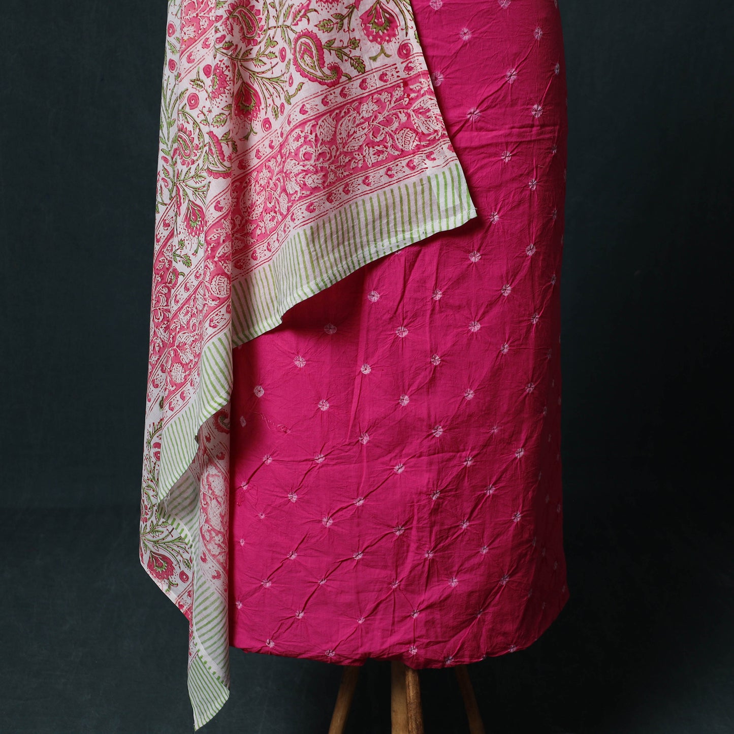 Kutch Bandhani Cotton 2pc Unstitched Dress Material Kurta Set with Earrings 20