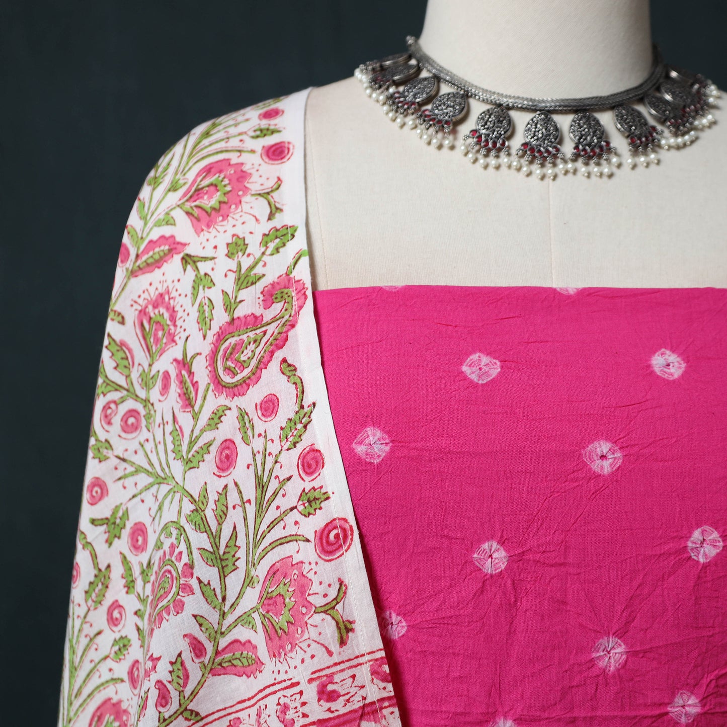 Kutch Bandhani Cotton 2pc Unstitched Dress Material Kurta Set with Earrings 20