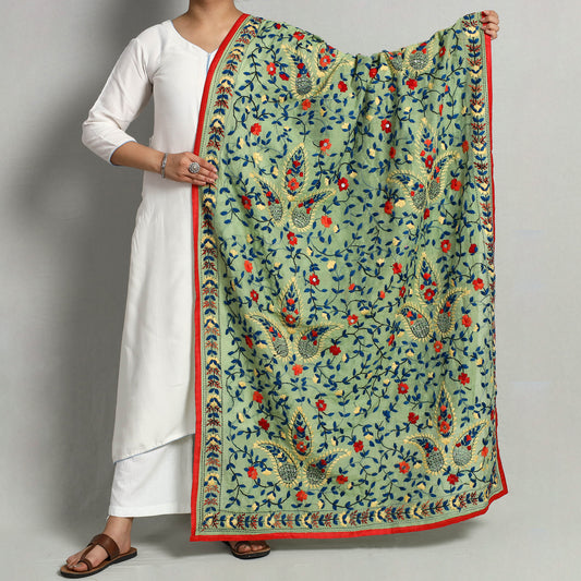 Green - Ranihati Chanderi Silk Chapa Work Phulkari Embroidered Dupatta