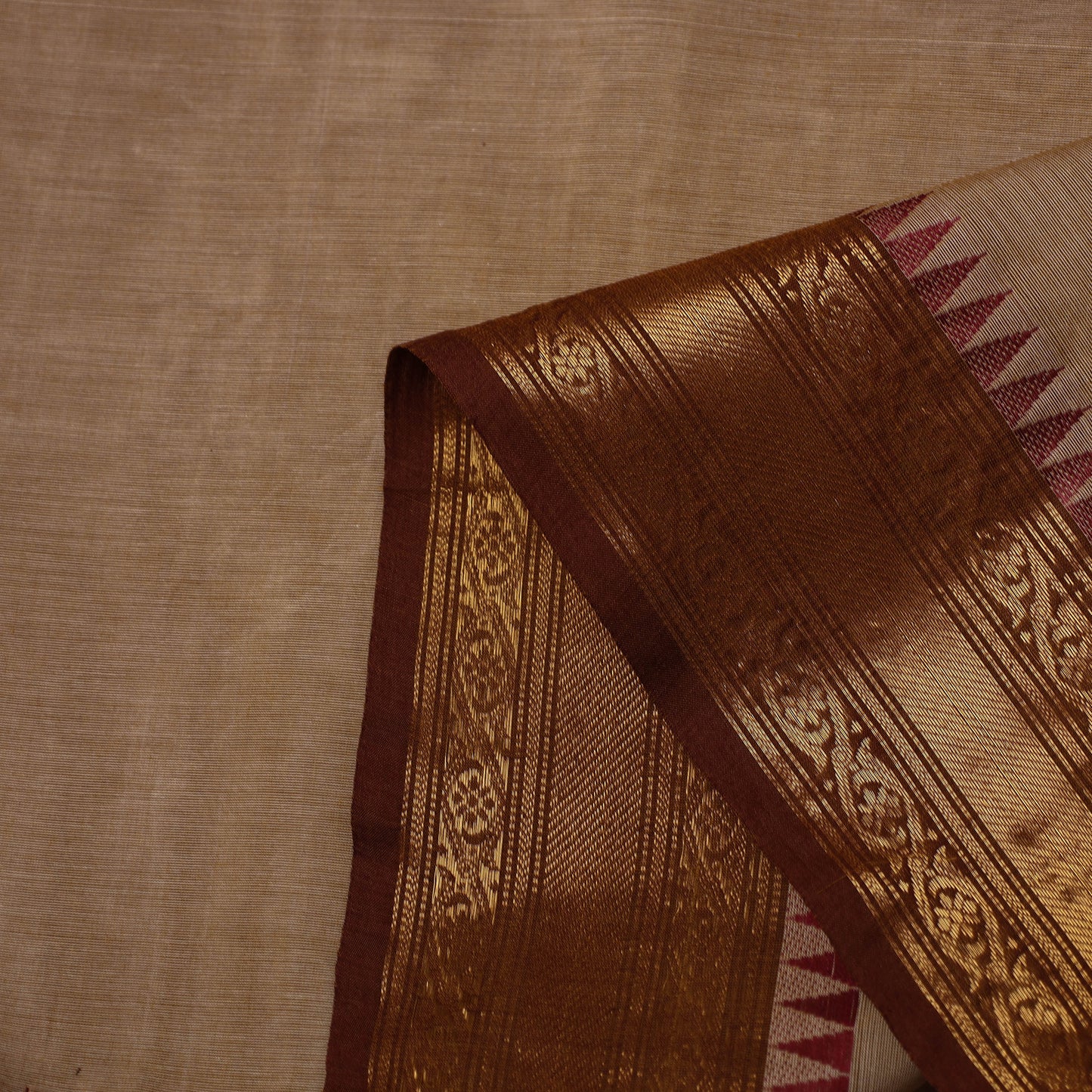 Brown - Cotton Kanchipuram Fabric with Thread Border 15