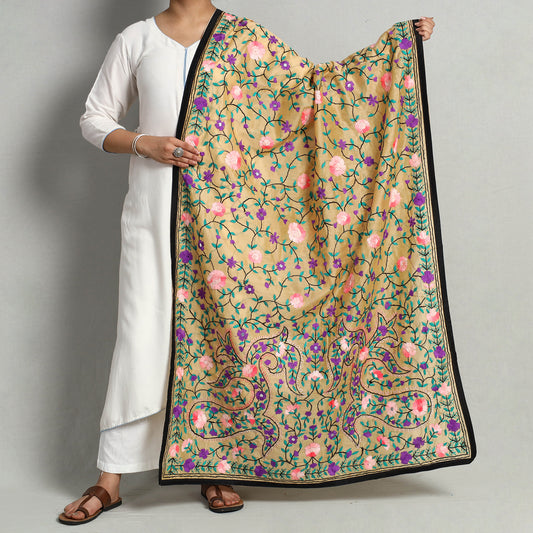 Yellow - Ranihati Chanderi Silk Chapa Work Phulkari Embroidered Dupatta