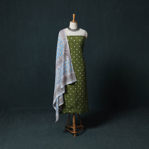 Green - Kutch Bandhani Cotton 2pc Unstitched Dress Material Kurta Set with Earrings 21