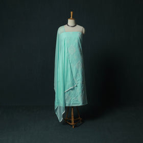 Blue - Lucknowi Chikankari Hand Embroidered Cotton 3pc Unstitched Dress Material Suit Set 39