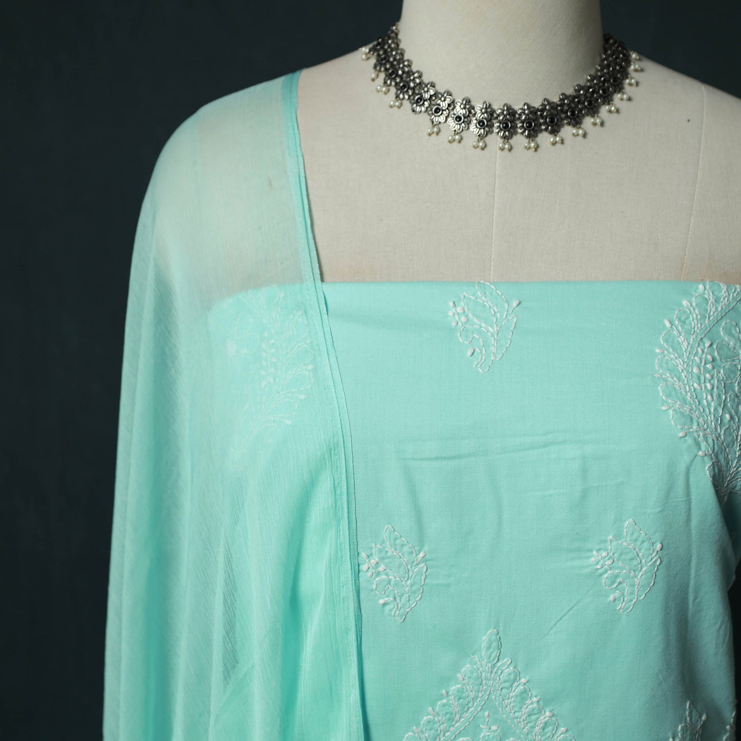 Blue - Lucknowi Chikankari Hand Embroidered Cotton 3pc Unstitched Dress Material Suit Set 39