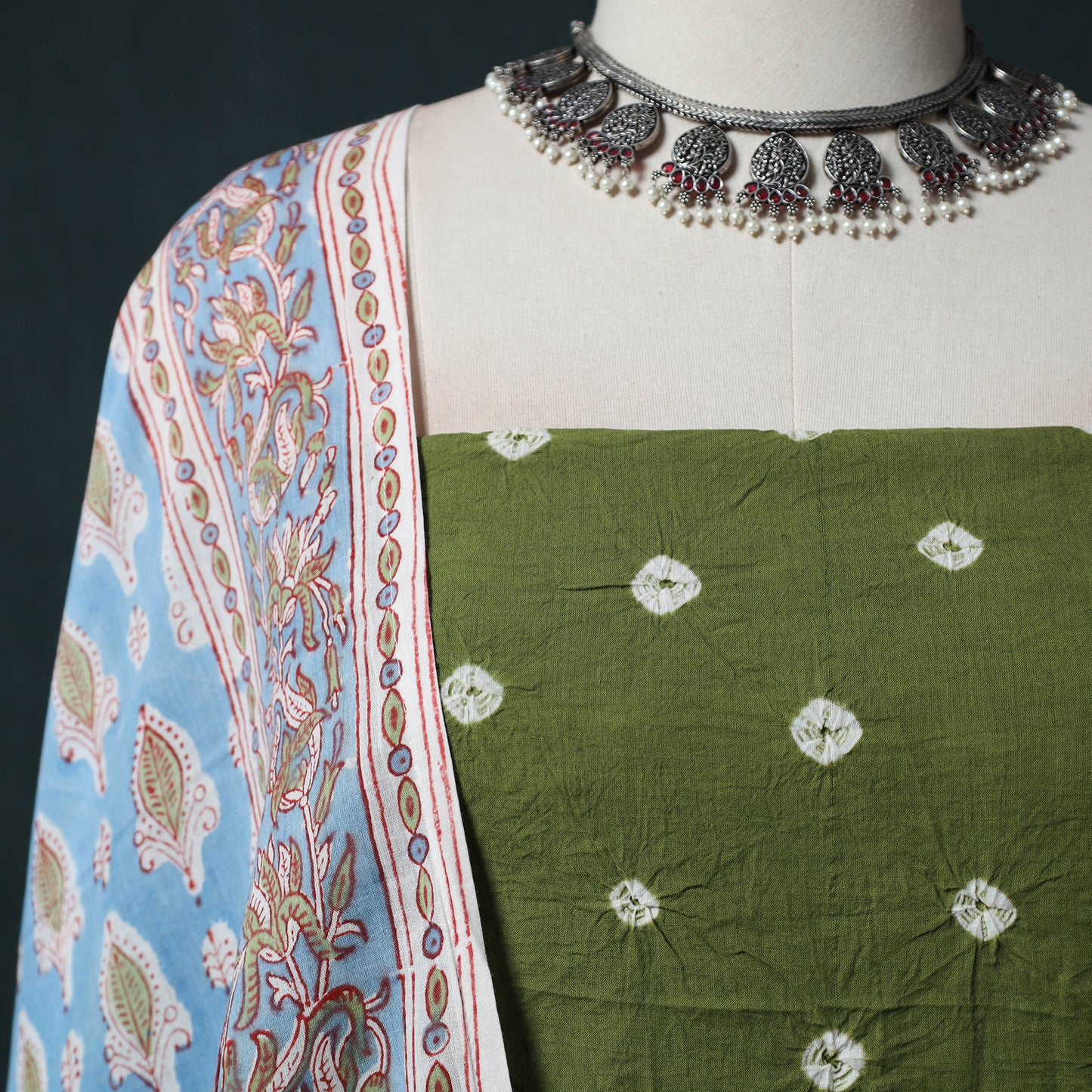 Kutch Bandhani Cotton 2pc Unstitched Dress Material Kurta Set with Earrings 21
