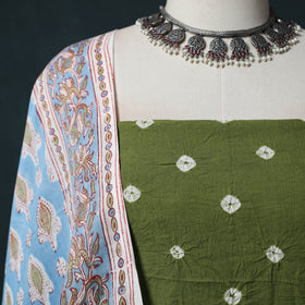 Kutch Bandhani Cotton 2pc Unstitched Dress Material Kurta Set with Earrings 21