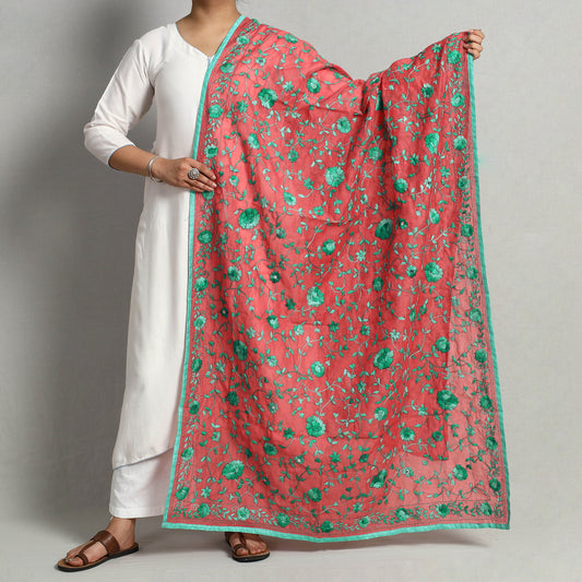 Pink - Ranihati Chanderi Silk Chapa Work Phulkari Embroidered Dupatta