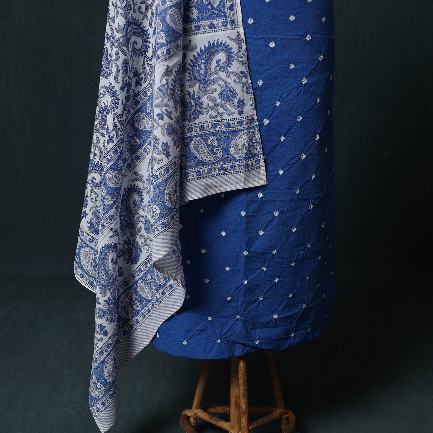 Kutch Bandhani Cotton 2pc Unstitched Dress Material Kurta Set with Earrings 22