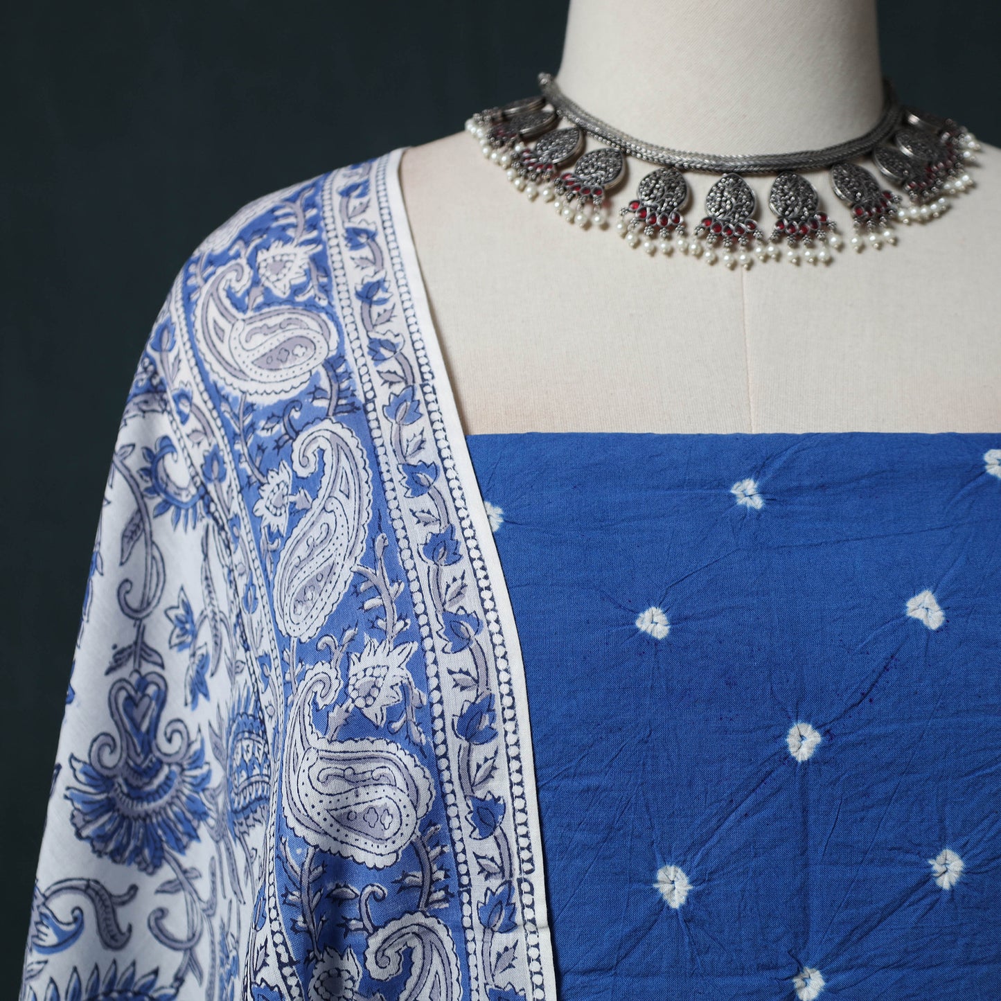 Kutch Bandhani Cotton 2pc Unstitched Dress Material Kurta Set with Earrings 22