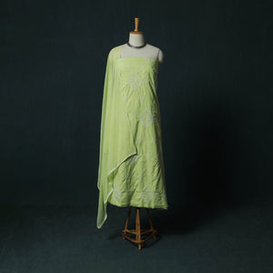 Green - Lucknowi Chikankari Hand Embroidered Cotton 3pc Unstitched Dress Material Suit Set 40
