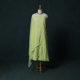 Green - Lucknowi Chikankari Hand Embroidered Cotton 3pc Unstitched Dress Material Suit Set 40