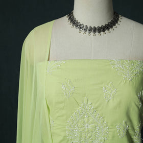 Green - Lucknowi Chikankari Hand Embroidered Cotton 3pc Unstitched Dress Material Suit Set 40