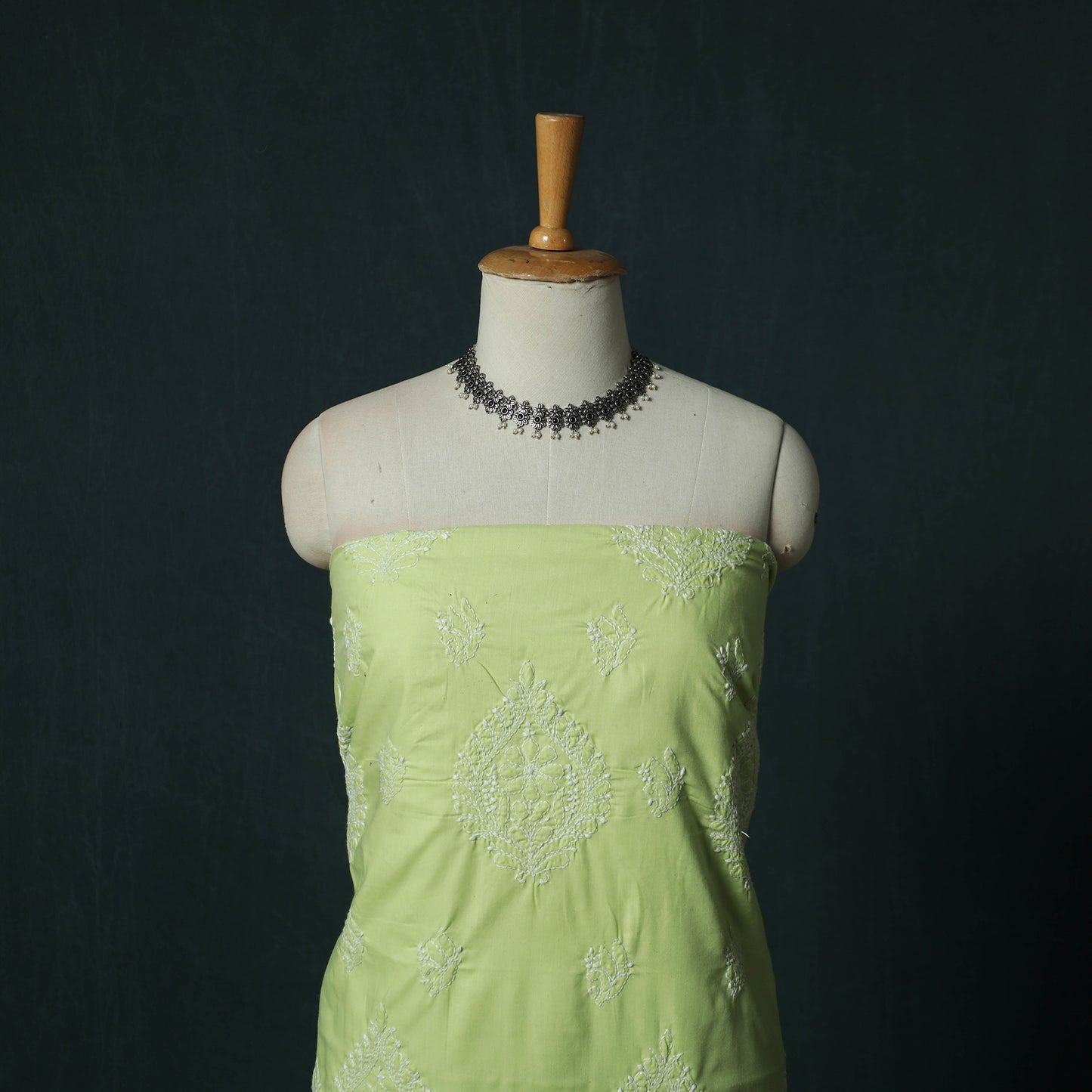 Green - Lucknowi Chikankari Hand Embroidered Cotton 3pc Unstitched Dress Material Suit Set 40
