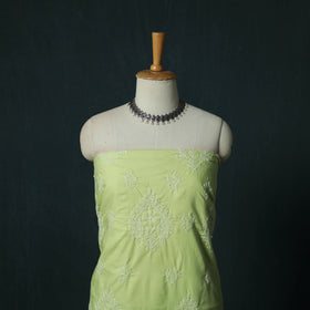 Green - Lucknowi Chikankari Hand Embroidered Cotton 3pc Unstitched Dress Material Suit Set 40