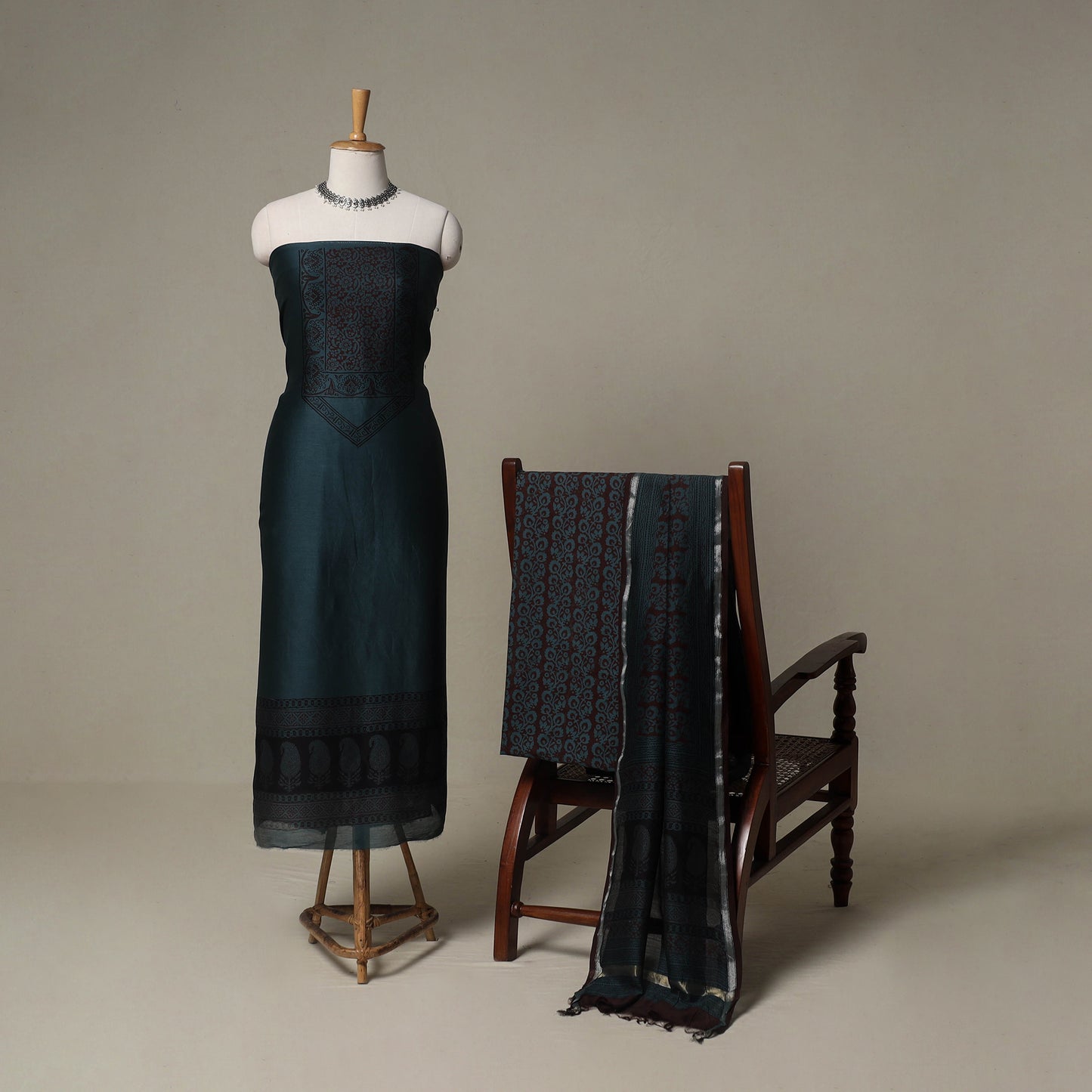 Bagh Hand Block Print Natural Dyed Chanderi Silk 3pc Unstitched Dress Material Suit Set 11