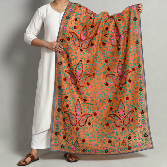 Orange - Ranihati Chanderi Silk Chapa Work Phulkari Embroidered Dupatta