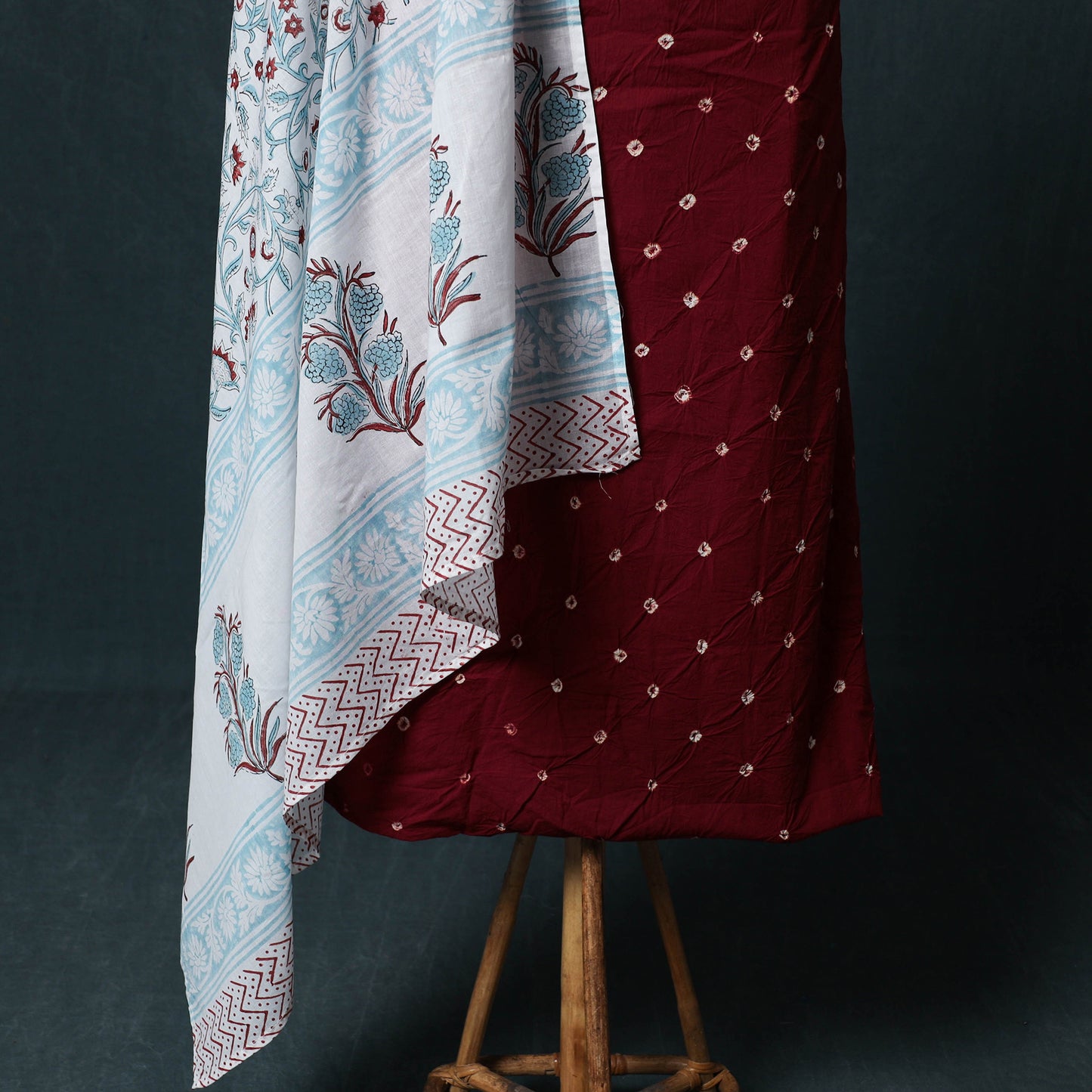 Kutch Bandhani Cotton 2pc Unstitched Dress Material Kurta Set with Earrings 23