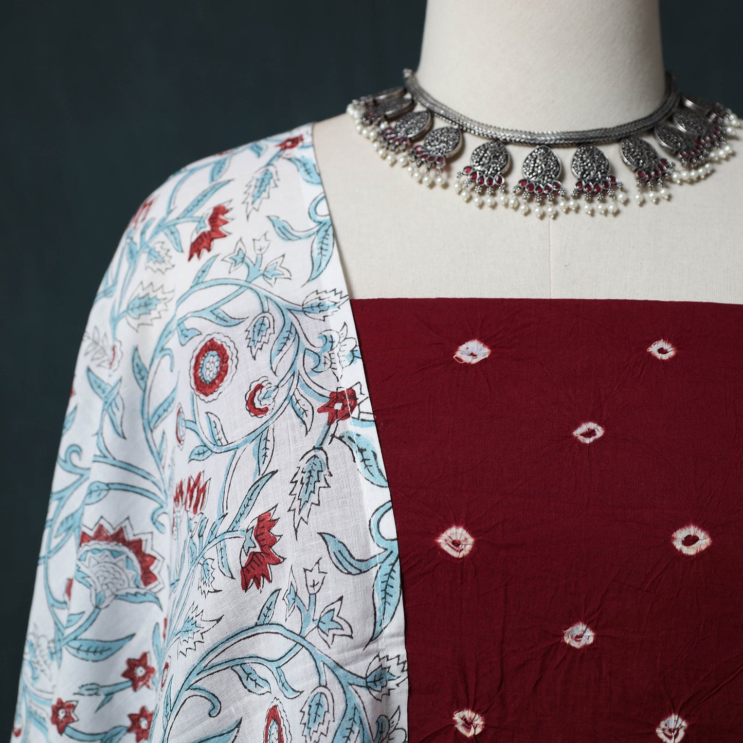 Kutch Bandhani Cotton 2pc Unstitched Dress Material Kurta Set with Earrings 23