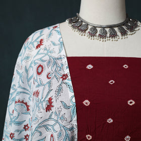 Kutch Bandhani Cotton 2pc Unstitched Dress Material Kurta Set with Earrings 23