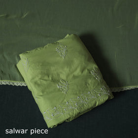 Green - Lucknowi Chikankari Hand Embroidered Cotton 3pc Unstitched Dress Material Suit Set 40