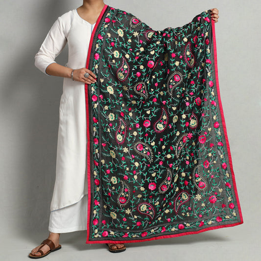 Black - Ranihati Chanderi Silk Chapa Work Phulkari Embroidered Dupatta