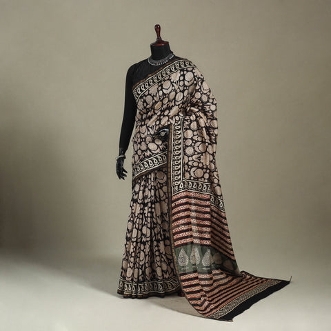 Block Print Chanderi Silk Bagru Saree with Zari Border