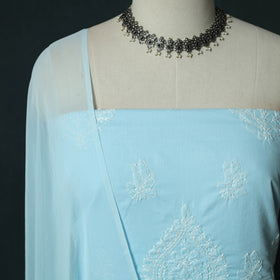 Blue - Lucknowi Chikankari Hand Embroidered Cotton 3pc Unstitched Dress Material Suit Set 41