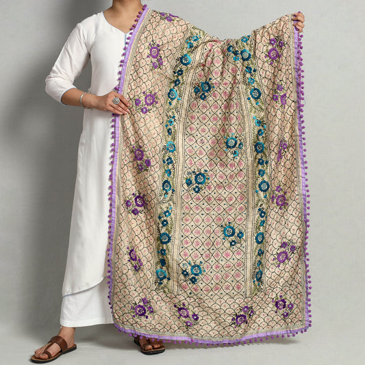Purple - Ranihati Chanderi Silk Chapa Work Phulkari Embroidered Dupatta with Pom Pom