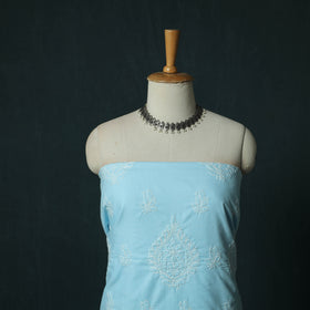 Blue - Lucknowi Chikankari Hand Embroidered Cotton 3pc Unstitched Dress Material Suit Set 41