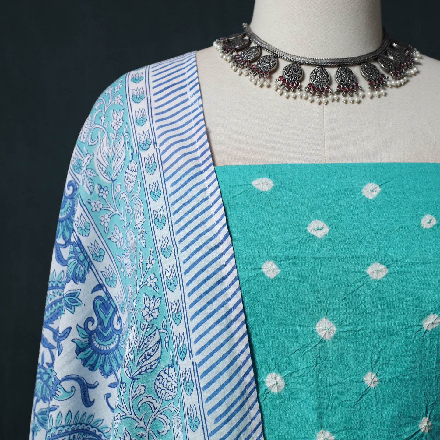 Kutch Bandhani Cotton 2pc Unstitched Dress Material Kurta Set with Earrings 24