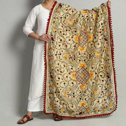 Brown - Ranihati Chanderi Silk Chapa Work Phulkari Embroidered Dupatta with Pom Pom