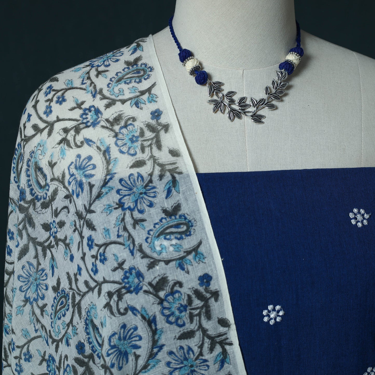 Jacquard Cotton 2pc Unstitched Dress Material Kurta Set with Jewellery Set 03