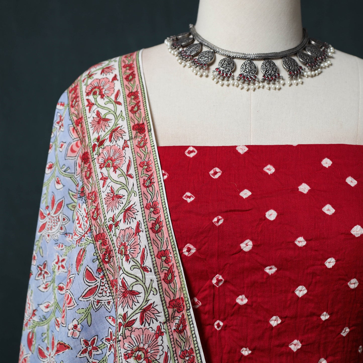 Kutch Bandhani Cotton 2pc Unstitched Dress Material Kurta Set with Earrings 25