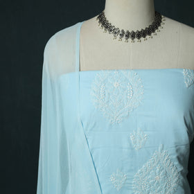 Blue - Lucknowi Chikankari Hand Embroidered Cotton 3pc Unstitched Dress Material Suit Set 42