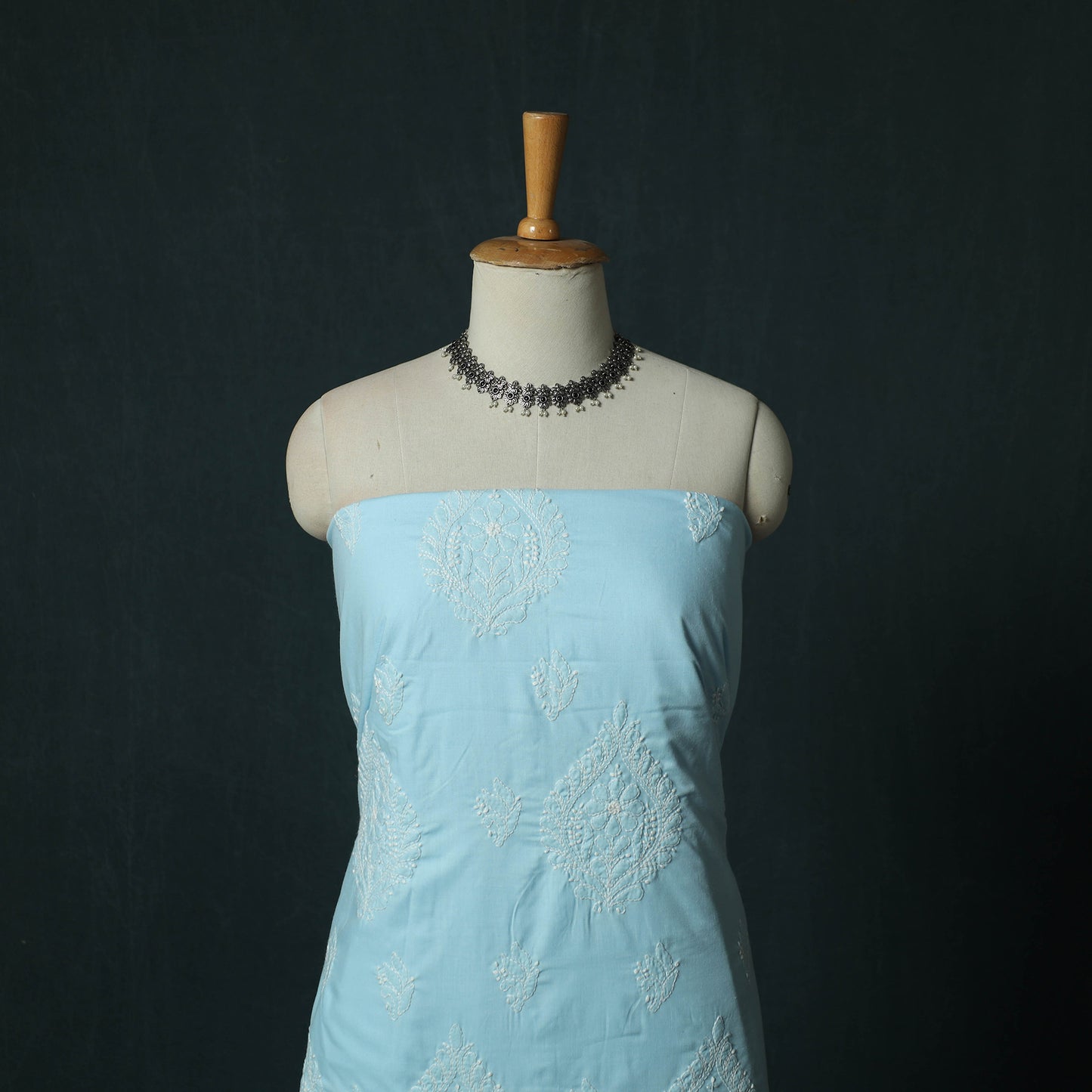 Blue - Lucknowi Chikankari Hand Embroidered Cotton 3pc Unstitched Dress Material Suit Set 42