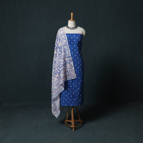 Blue - Kutch Bandhani Cotton 2pc Unstitched Dress Material Kurta Set with Earrings 26