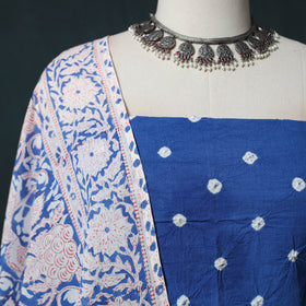 Kutch Bandhani Cotton 2pc Unstitched Dress Material Kurta Set with Earrings 26