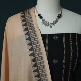 Black - Jacquard Cotton 2pc Unstitched Dress Material Kurta Set with Jewellery Set 01