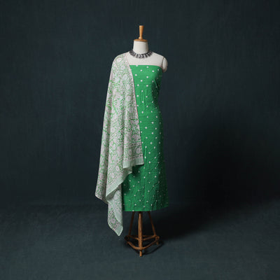 Kutch Bandhani Cotton 2pc Unstitched Dress Material Kurta Set with Earrings 27