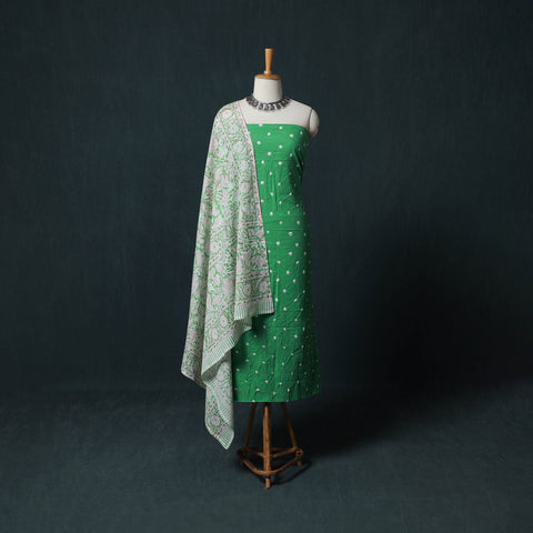 Green - Kutch Bandhani Cotton 2pc Unstitched Dress Material Kurta Set with Earrings 27