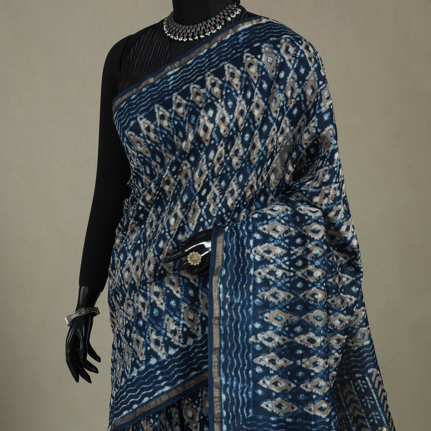 Block Print Chanderi Silk Bagru Saree with Zari Border