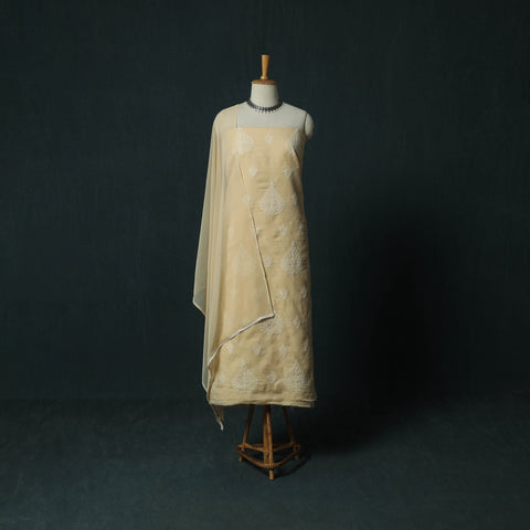 Lucknowi Chikankari Hand Embroidered Cotton 3pc Unstitched Dress Material Suit Set 43