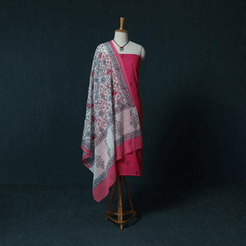 Pink - Jacquard Cotton 2pc Unstitched Dress Material Kurta Set with Jewellery Set 02