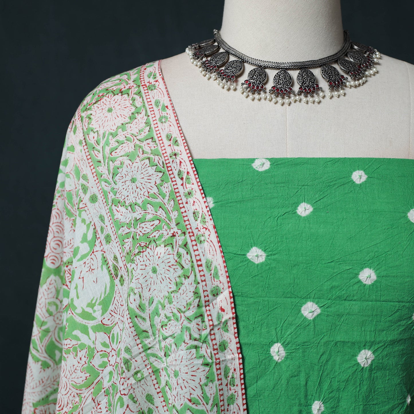 Kutch Bandhani Cotton 2pc Unstitched Dress Material Kurta Set with Earrings 27