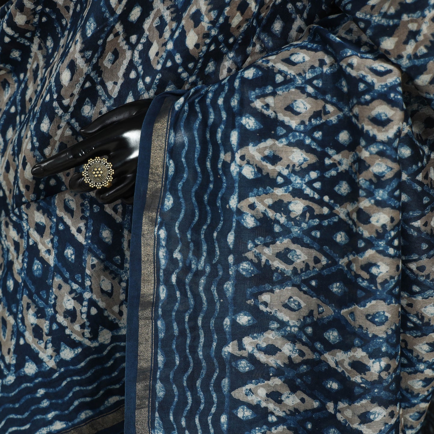 Block Print Chanderi Silk Bagru Saree with Zari Border