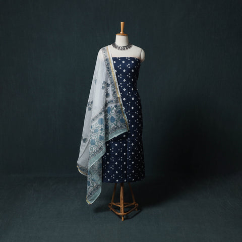 Blue - Kutch Bandhani Cotton 2pc Unstitched Dress Material Kurta Set with Earrings 28