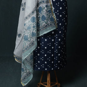 Kutch Bandhani Cotton 2pc Unstitched Dress Material Kurta Set with Earrings 28